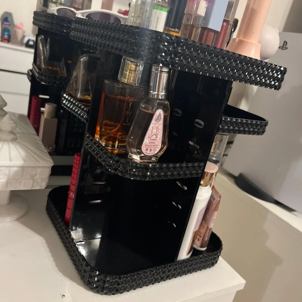 Elegant Rotating Black Crystal Makeup Organizer